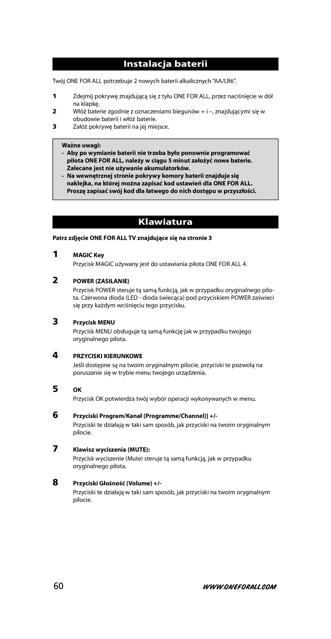 One for All URC-7210 instruction manual Instalacja baterii, Klawiatura 