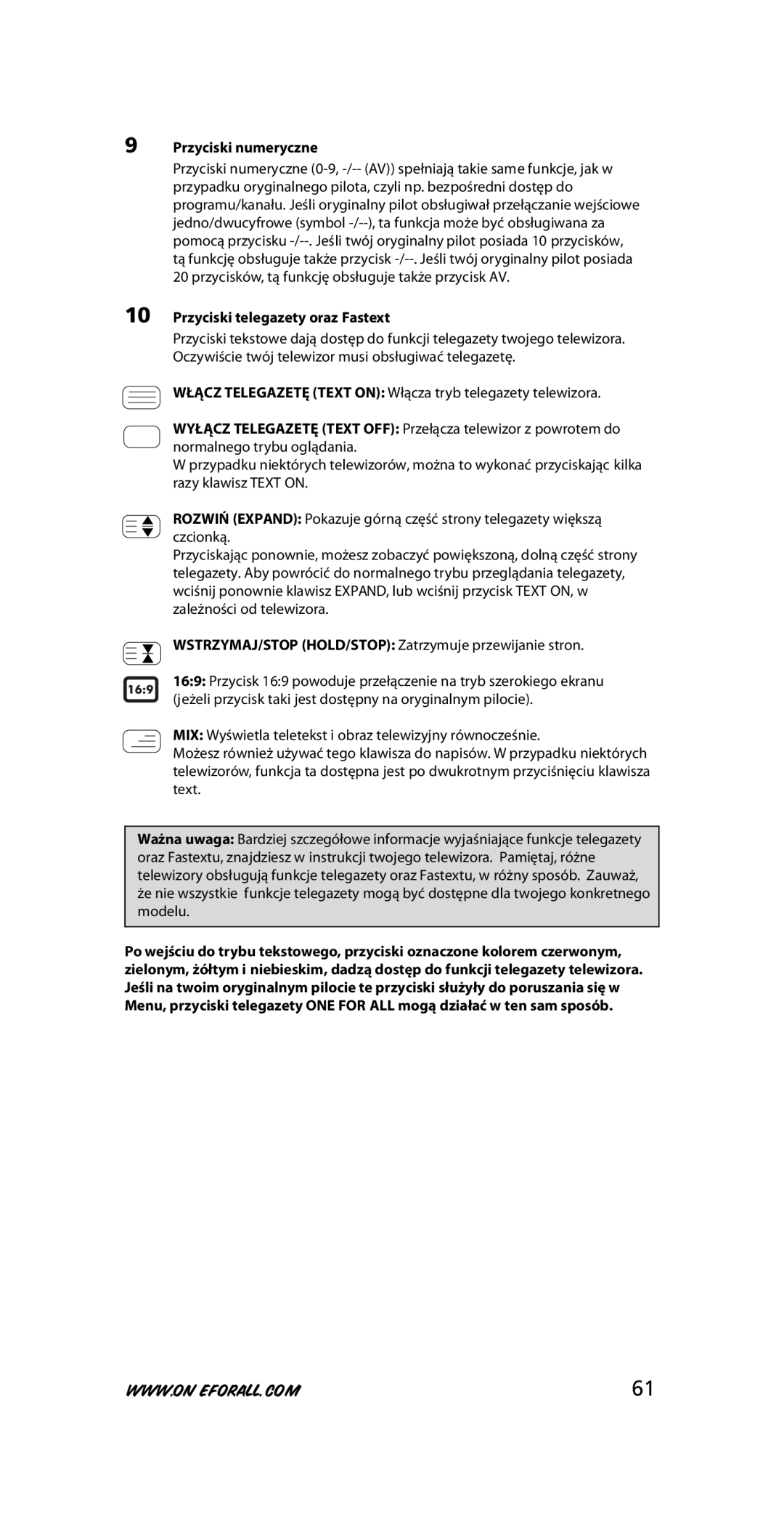 One for All URC-7210 instruction manual Przyciski numeryczne, Przyciski telegazety oraz Fastext 
