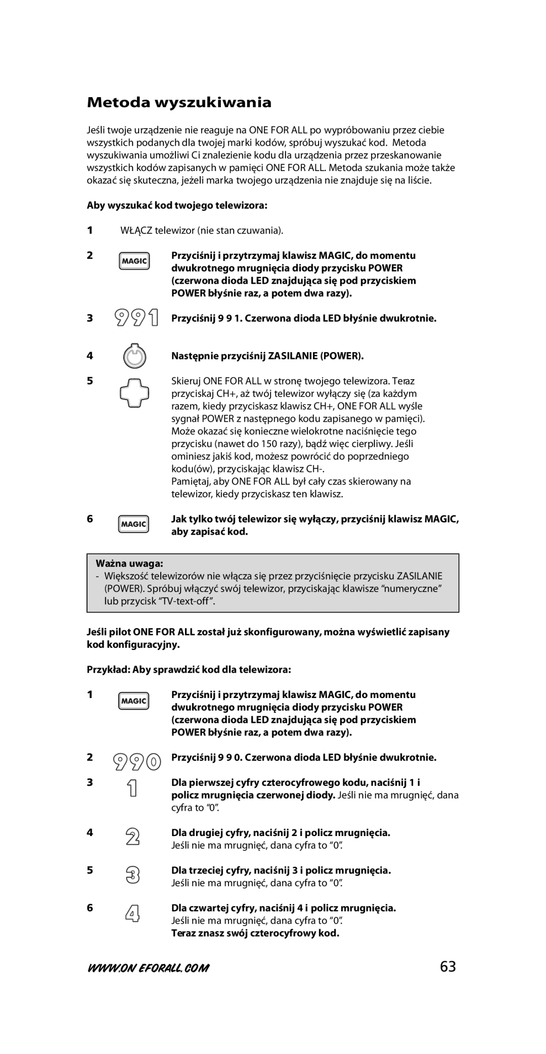 One for All URC-7210 Metoda wyszukiwania, Aby wyszukać kod twojego telewizora, Teraz znasz swój czterocyfrowy kod 