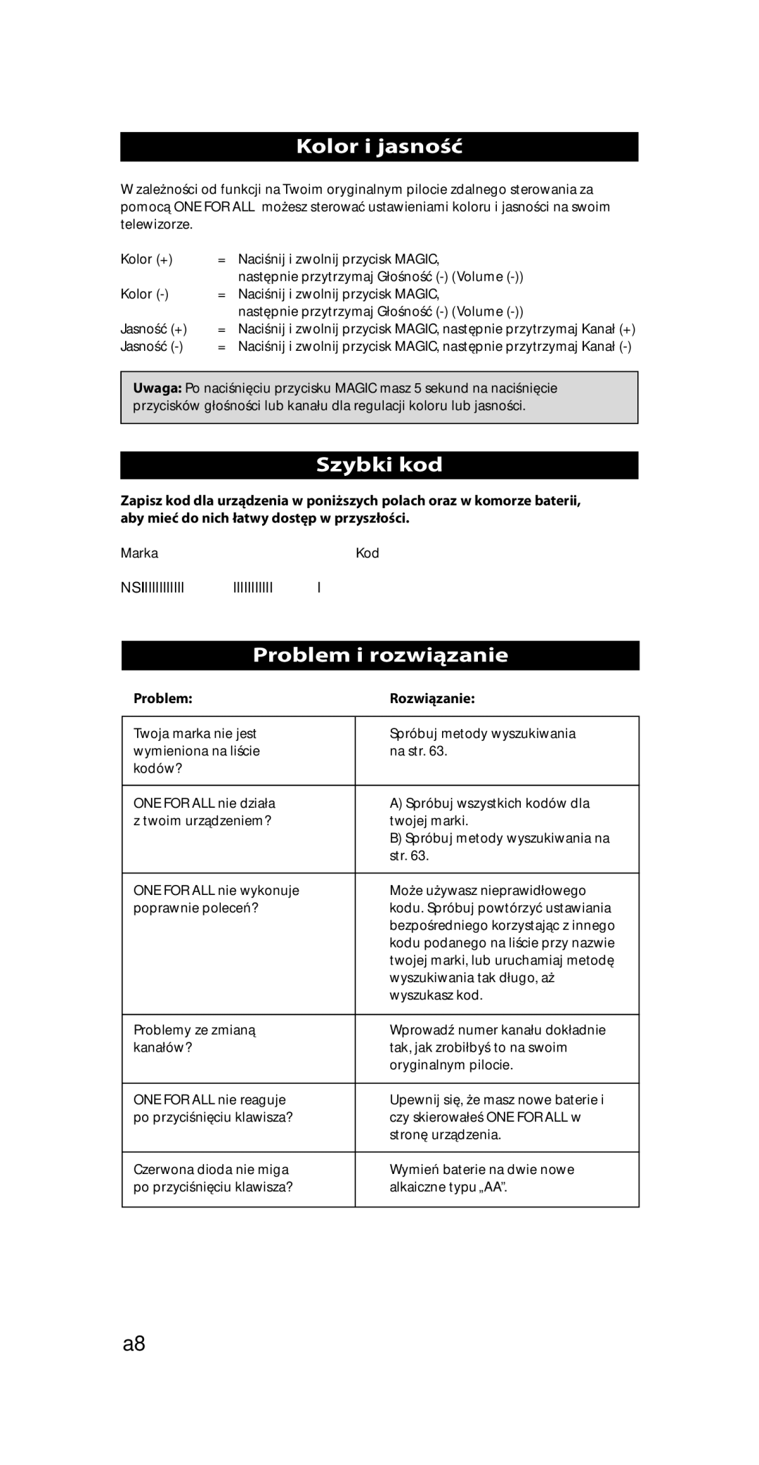 One for All URC-7210 instruction manual Kolor i jasność, Szybki kod, Problem i rozwiązanie, Problem Rozwiązanie 