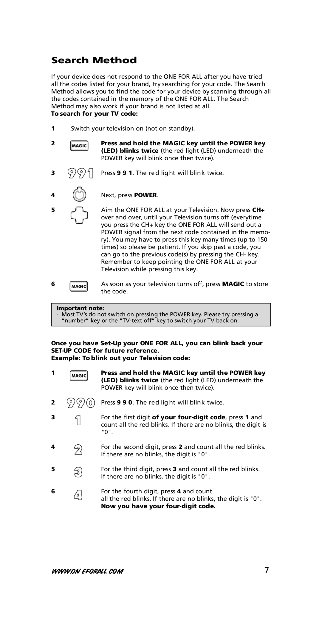 One for All URC-7210 Search Method, To search for your TV code, Important note, Now you have your four-digit code 