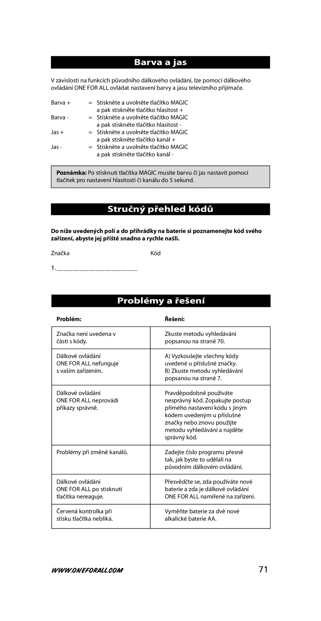 One for All URC-7210 instruction manual Barva a jas, Stručný přehled kódů, Problémy a řešení, Problém Řešení 