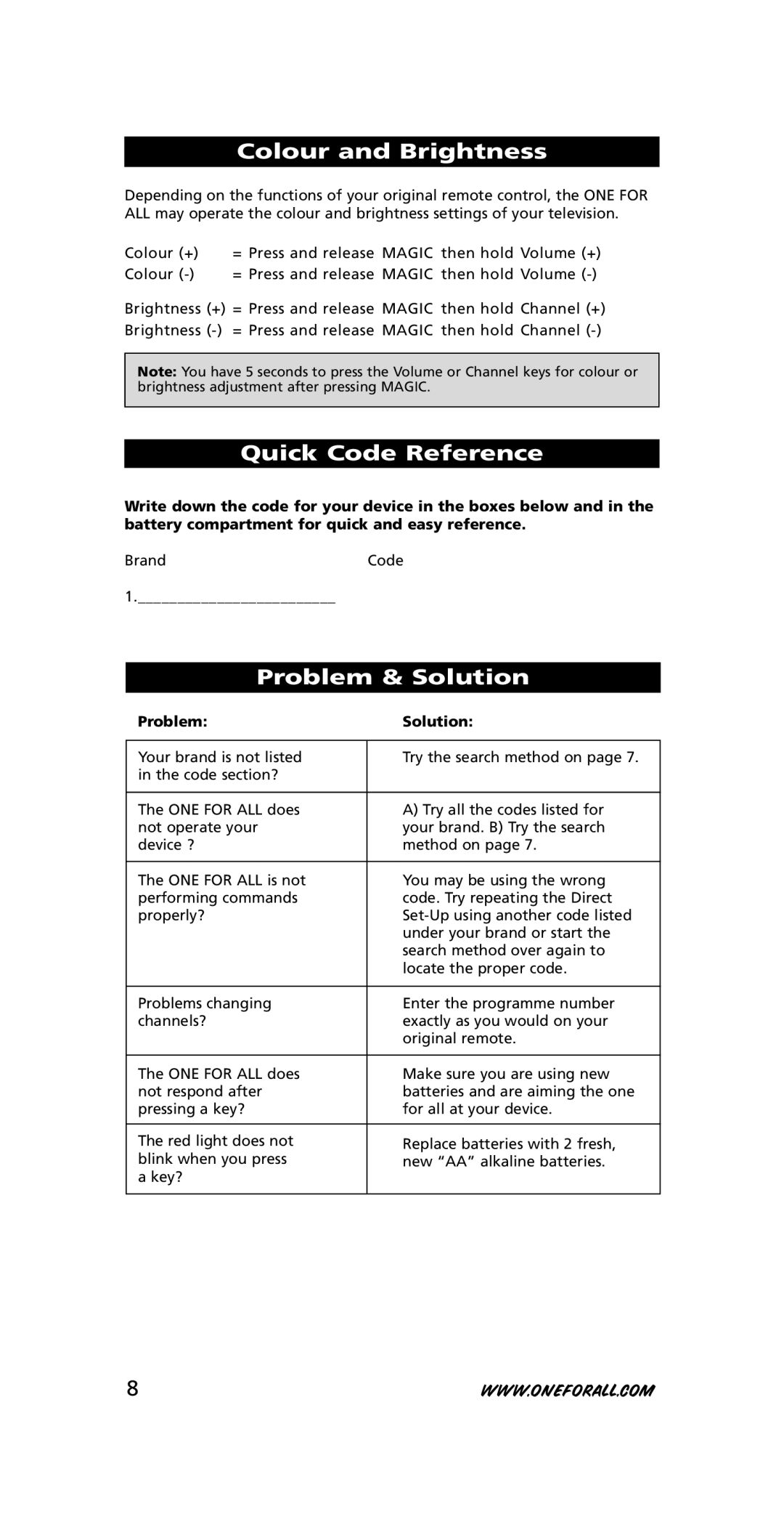 One for All URC-7210 Colour and Brightness, Quick Code Reference, Problem & Solution, Magic, Problem Solution 