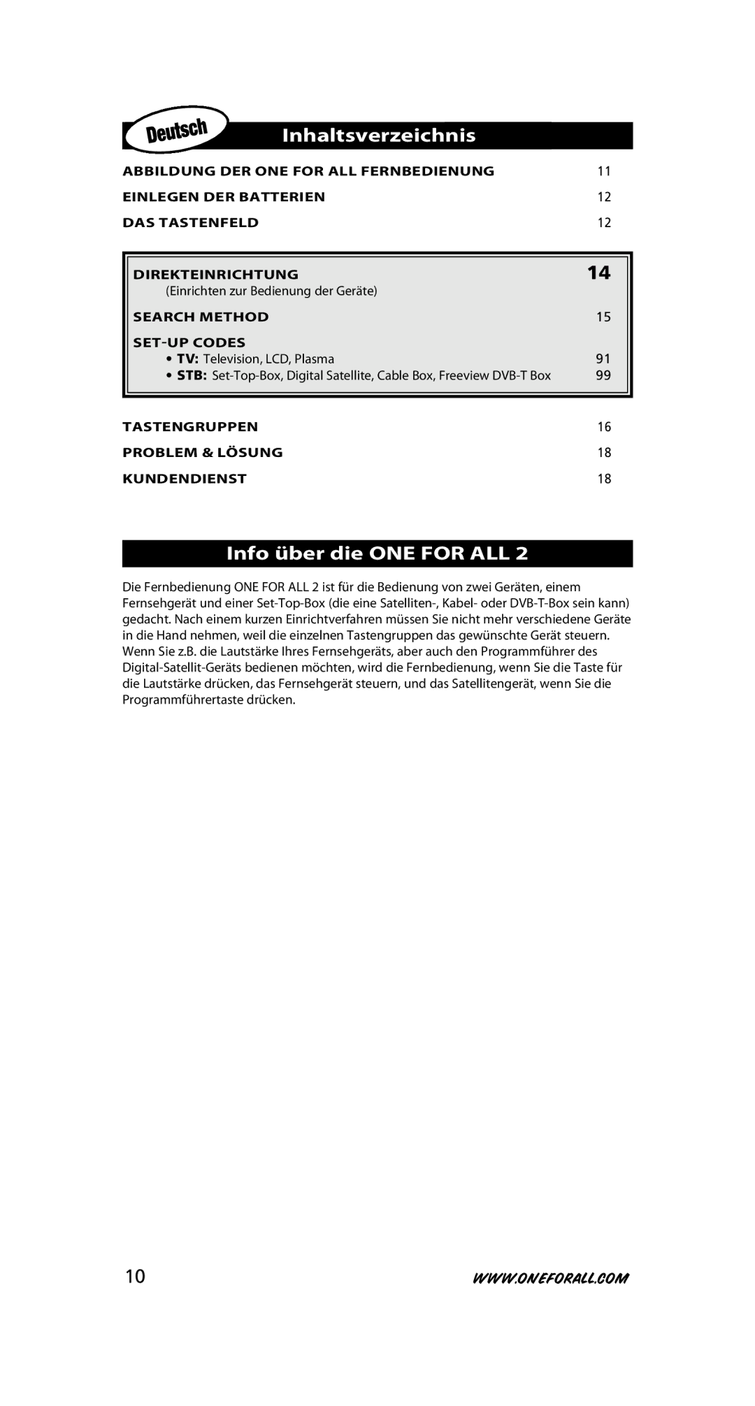 One for All URC-7525 warranty Inhaltsverzeichnis, Info über die ONE for ALL, Tastengruppen Problem & Lösung 