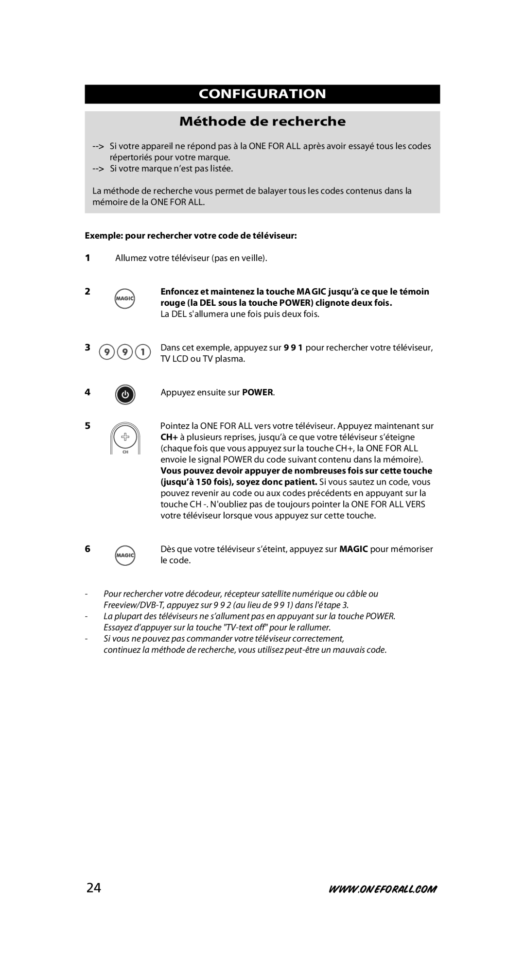 One for All URC-7525 warranty Configuration, Méthode de recherche, Exemple pour rechercher votre code de téléviseur 