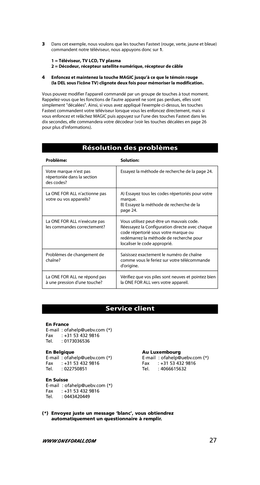 One for All URC-7525 warranty Résolution des problèmes, Service client 