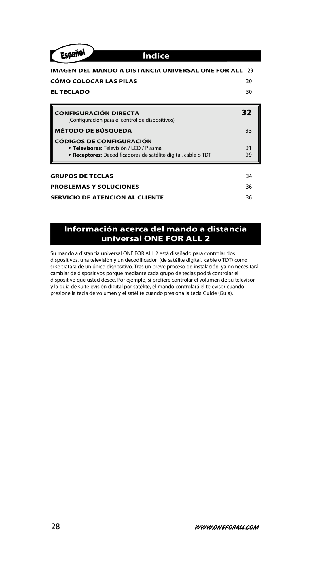 One for All URC-7525 warranty Índice, Imagen DEL Mando a Dista NcIA Univer SAL ONE for a LL, Método DE Búsqueda 