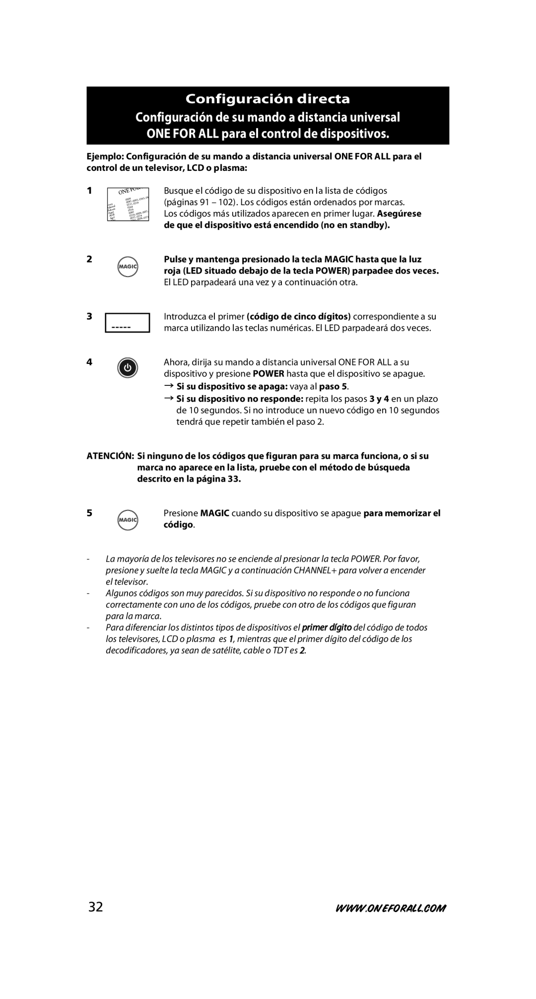 One for All URC-7525 warranty Configuración directa 