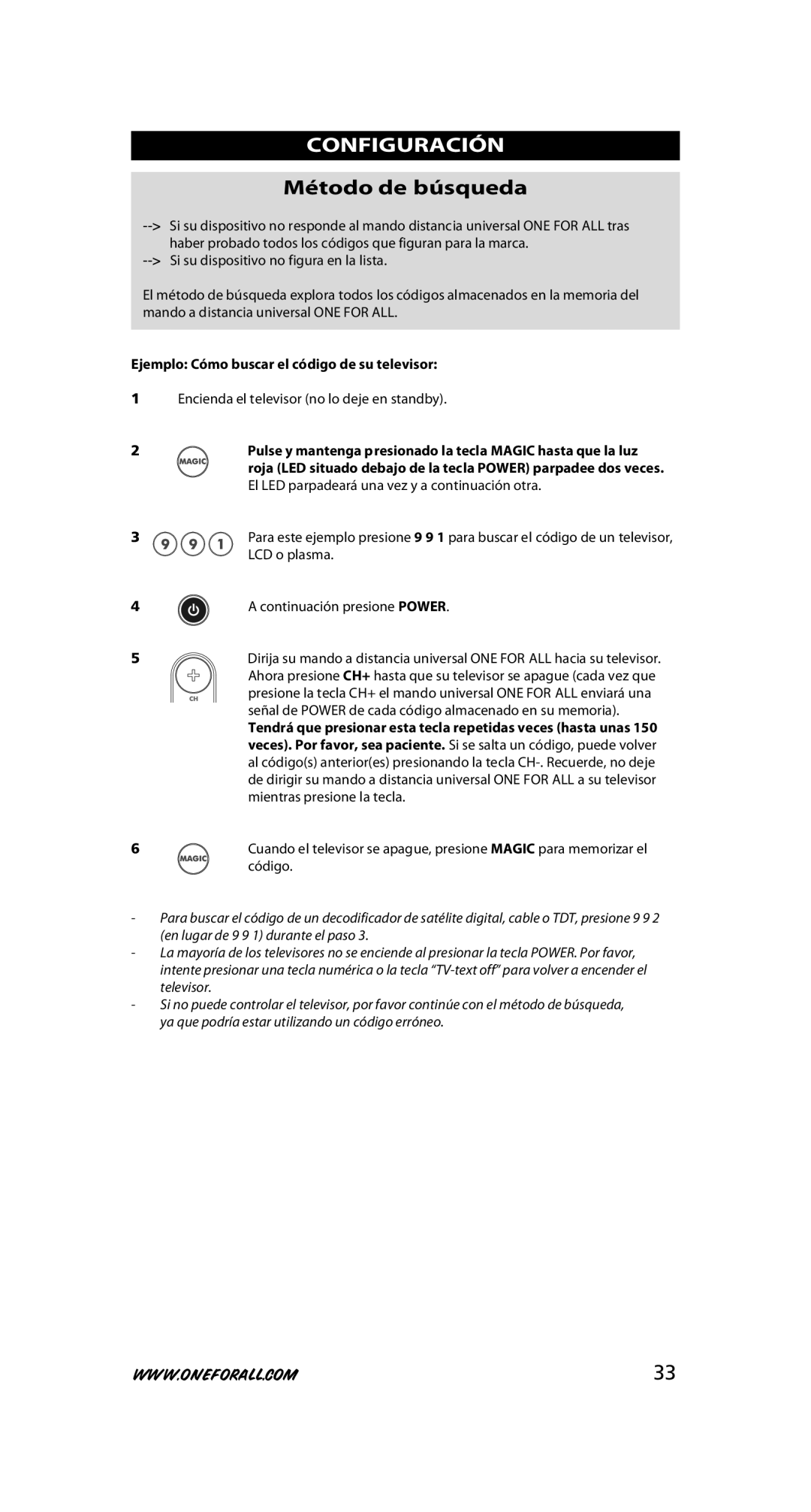 One for All URC-7525 warranty CONFIGURAcIÓN, Método de búsqueda, Ejemplo cómo buscar el código de su televisor 