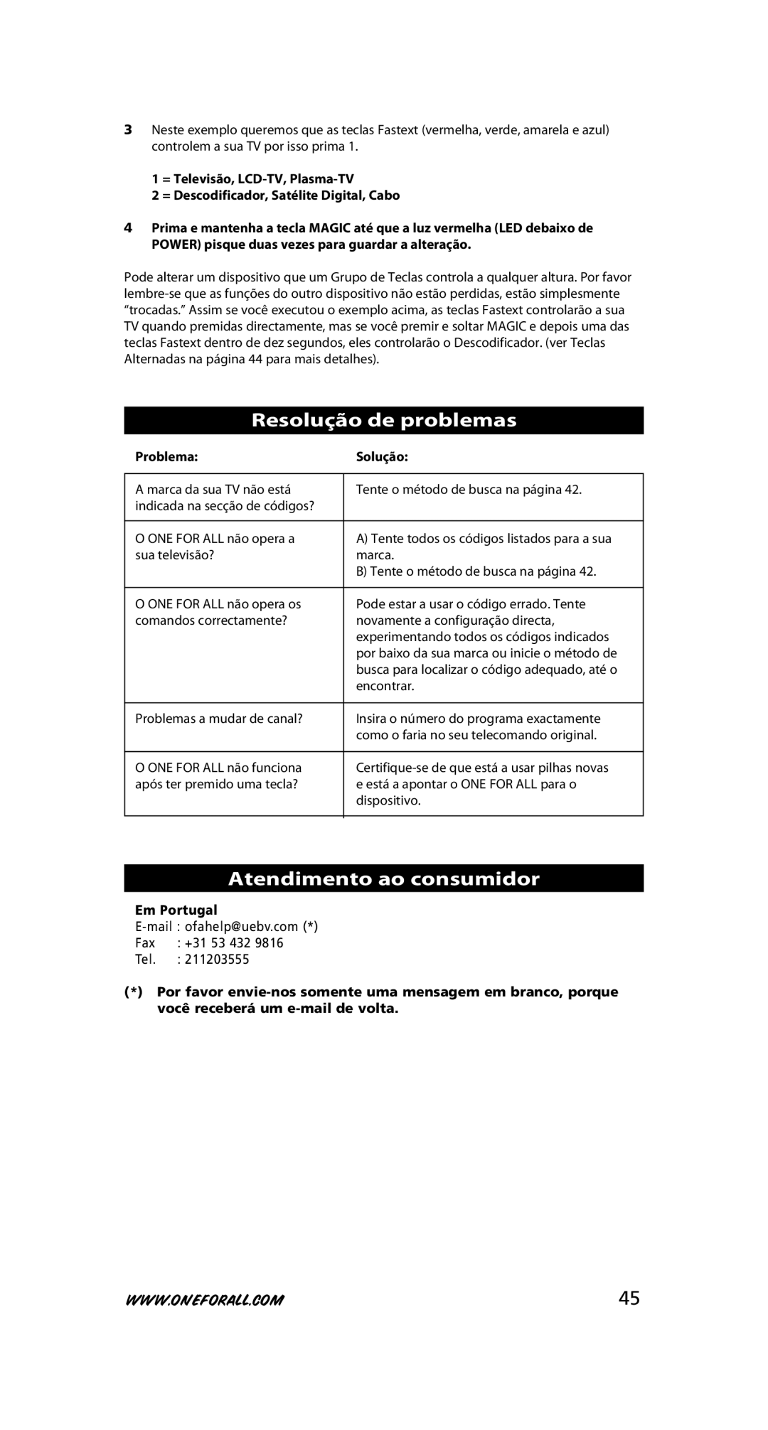 One for All URC-7525 warranty Resolução de problemas, Atendimento ao consumidor, Problema Solução, Em Portugal 