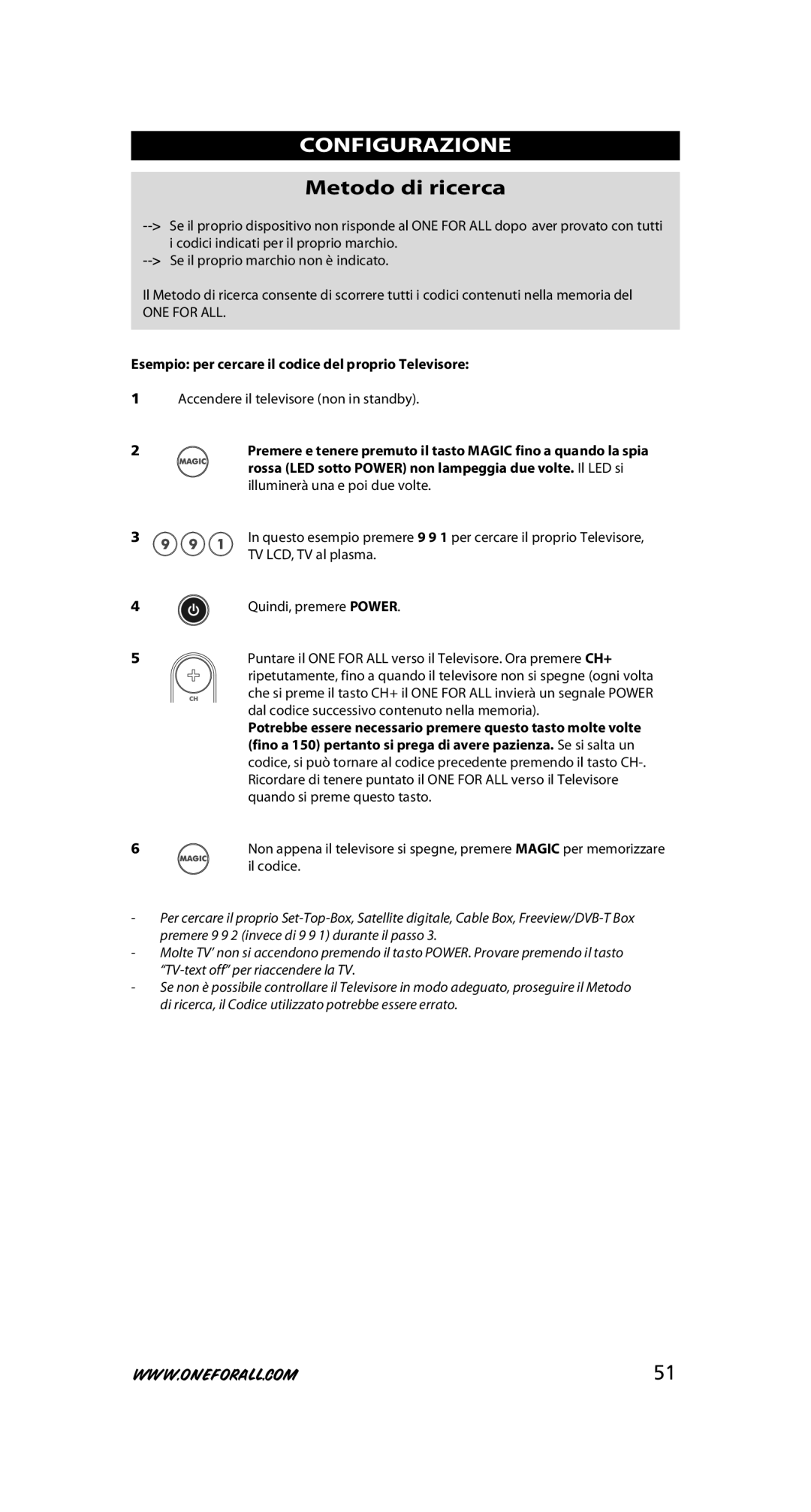 One for All URC-7525 Configurazione, Metodo di ricerca, ONE for ALL, Esempio per cercare il codice del proprio Televisore 