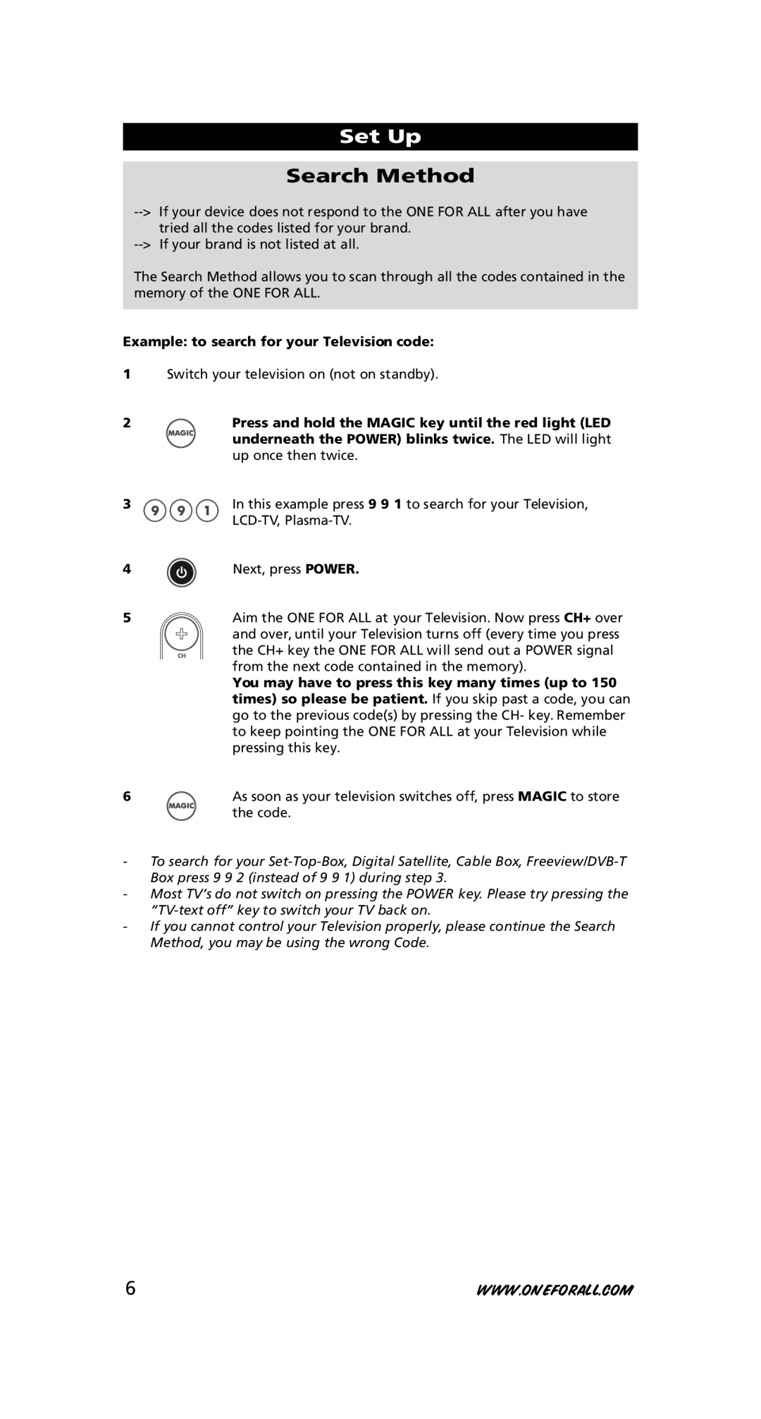 One for All URC-7525 warranty Set Up, Search Method, Example to search for your Television code 