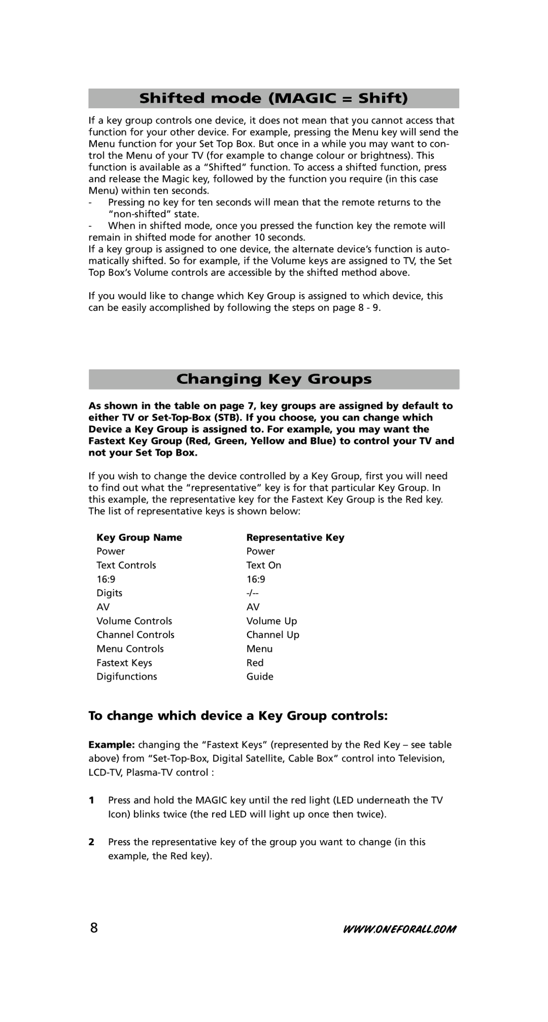 One for All URC-7525 warranty Shifted mode Magic = Shift, Changing Key Groups, Key Group Name Representative Key 