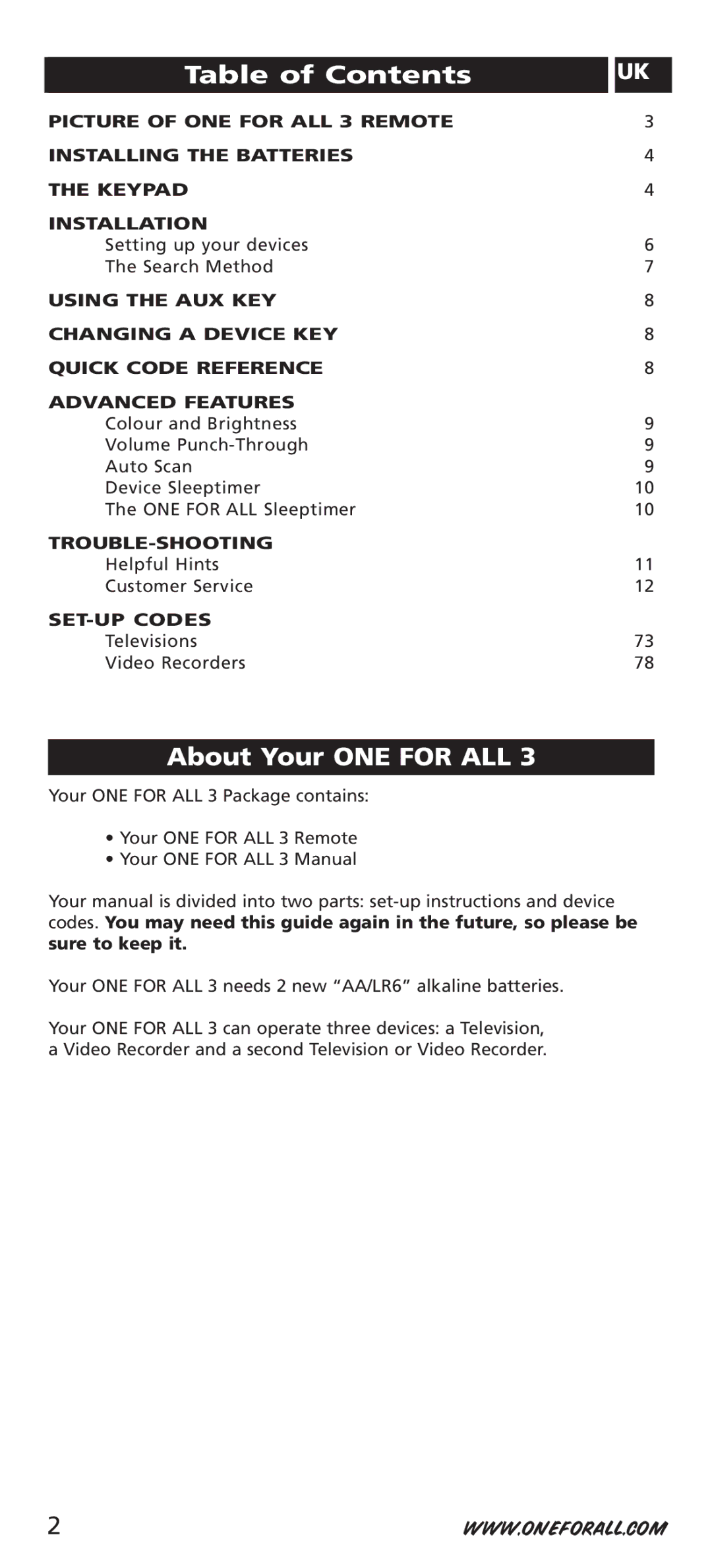 One for All URC-7532 manual Table of Contents, About Your ONE for ALL 