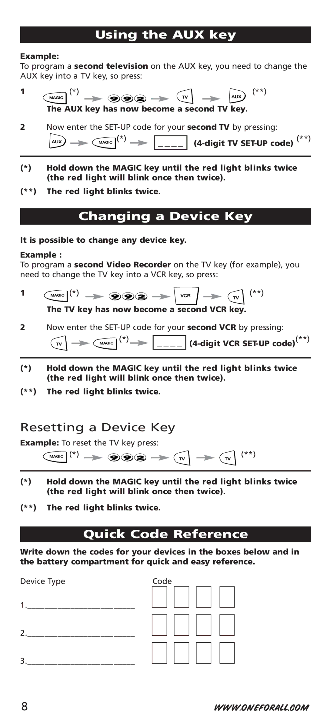 One for All URC-7532 manual Using the AUX key, Changing a Device Key, Quick Code Reference 