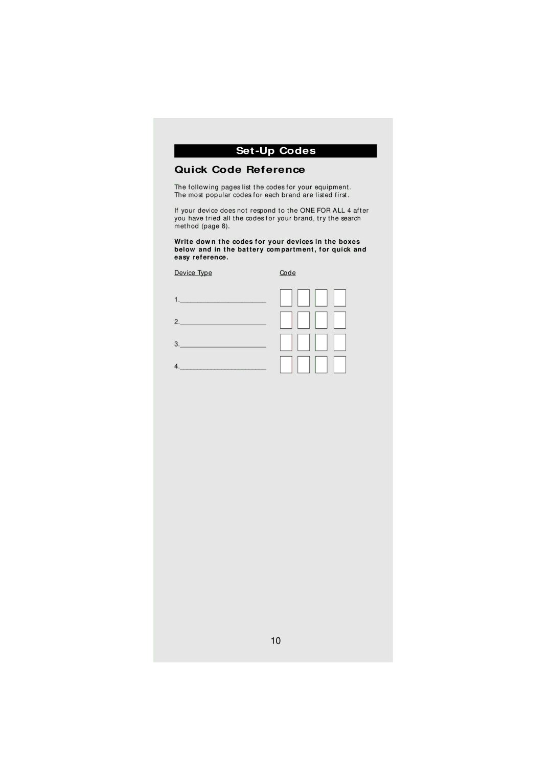 One for All URC-7540 manual Set-Up Codes, Quick Code Reference 