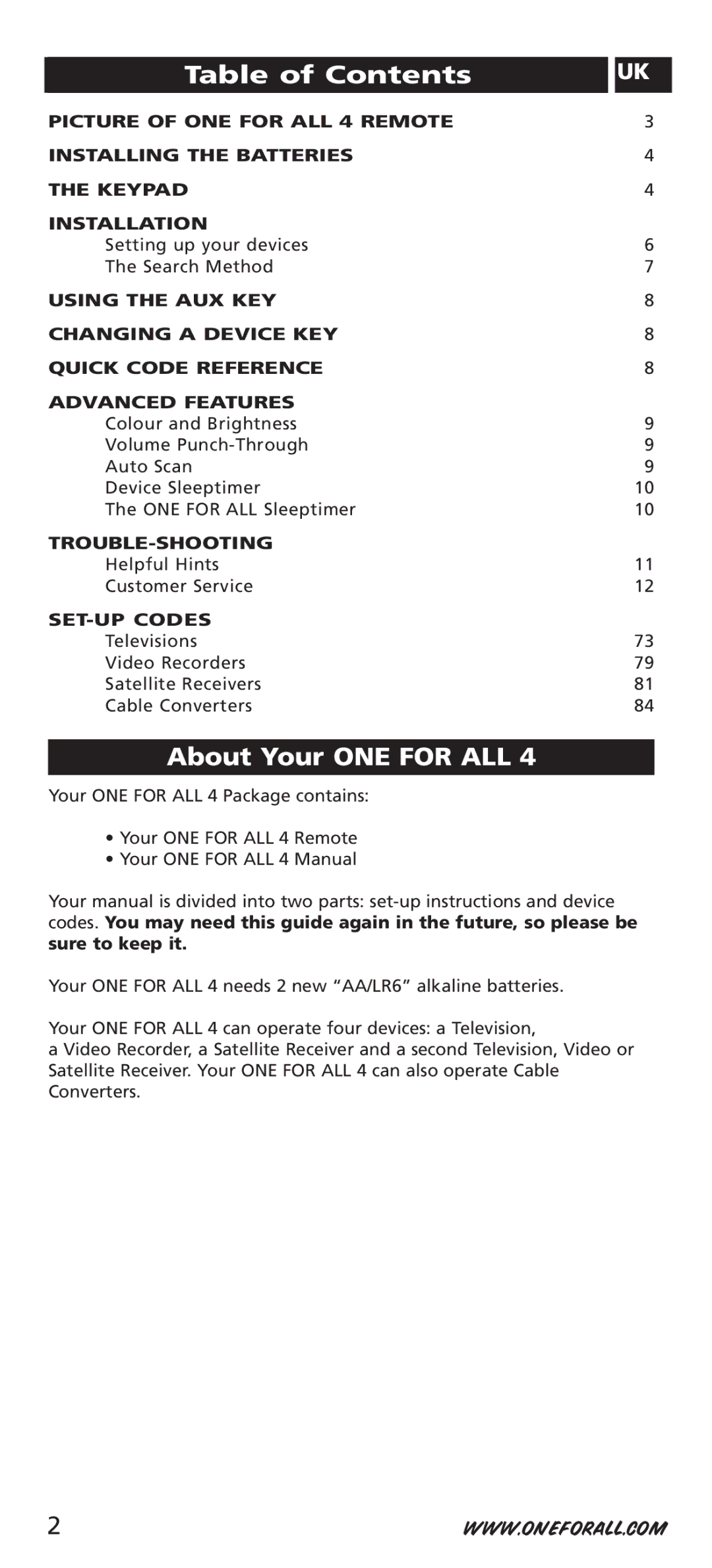 One for All URC-7542 manual Table of Contents, About Your ONE for ALL 