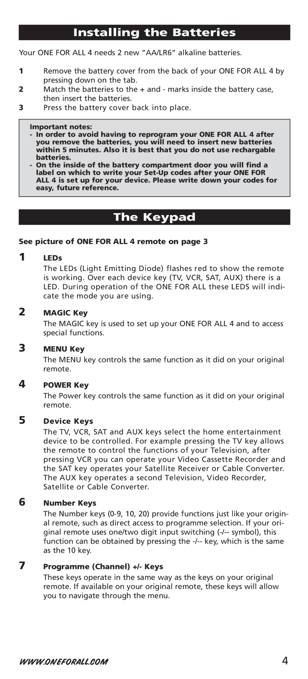 One for All URC-7542 manual Installing the Batteries, Keypad 