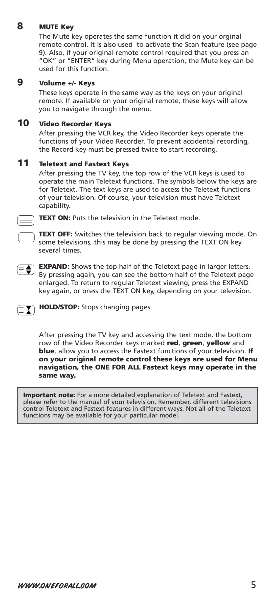 One for All URC-7542 manual Mute Key, Volume +/- Keys, Video Recorder Keys, Teletext and Fastext Keys 