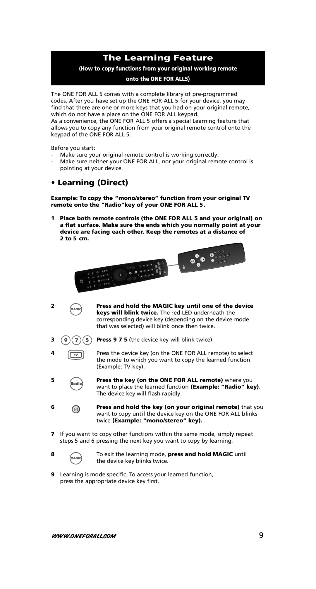 One for All URC-7556 warranty Learning Feature, Learning Direct 