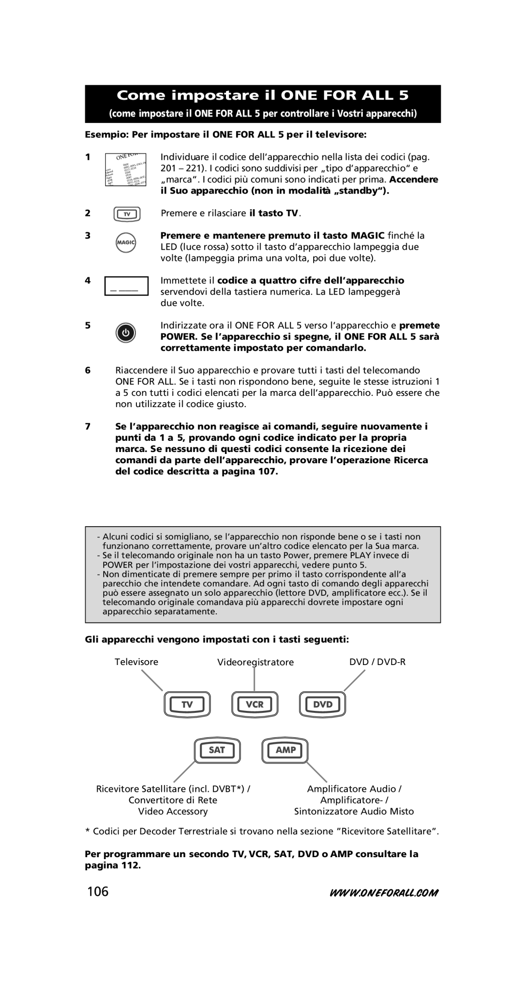 One for All URC-7556 warranty Come impostare il ONE for ALL, Esempio Per impostare il ONE for ALL 5 per il televisore 