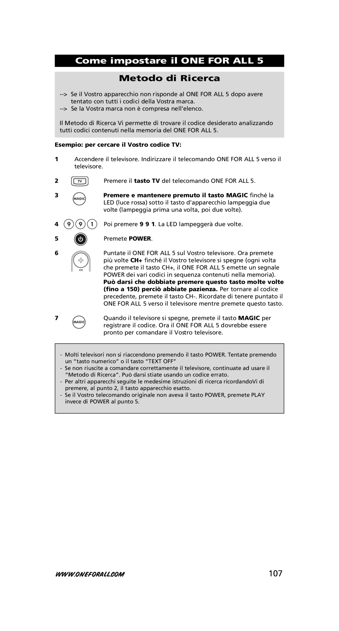 One for All URC-7556 warranty Metodo di Ricerca, 107, Esempio per cercare il Vostro codice TV 