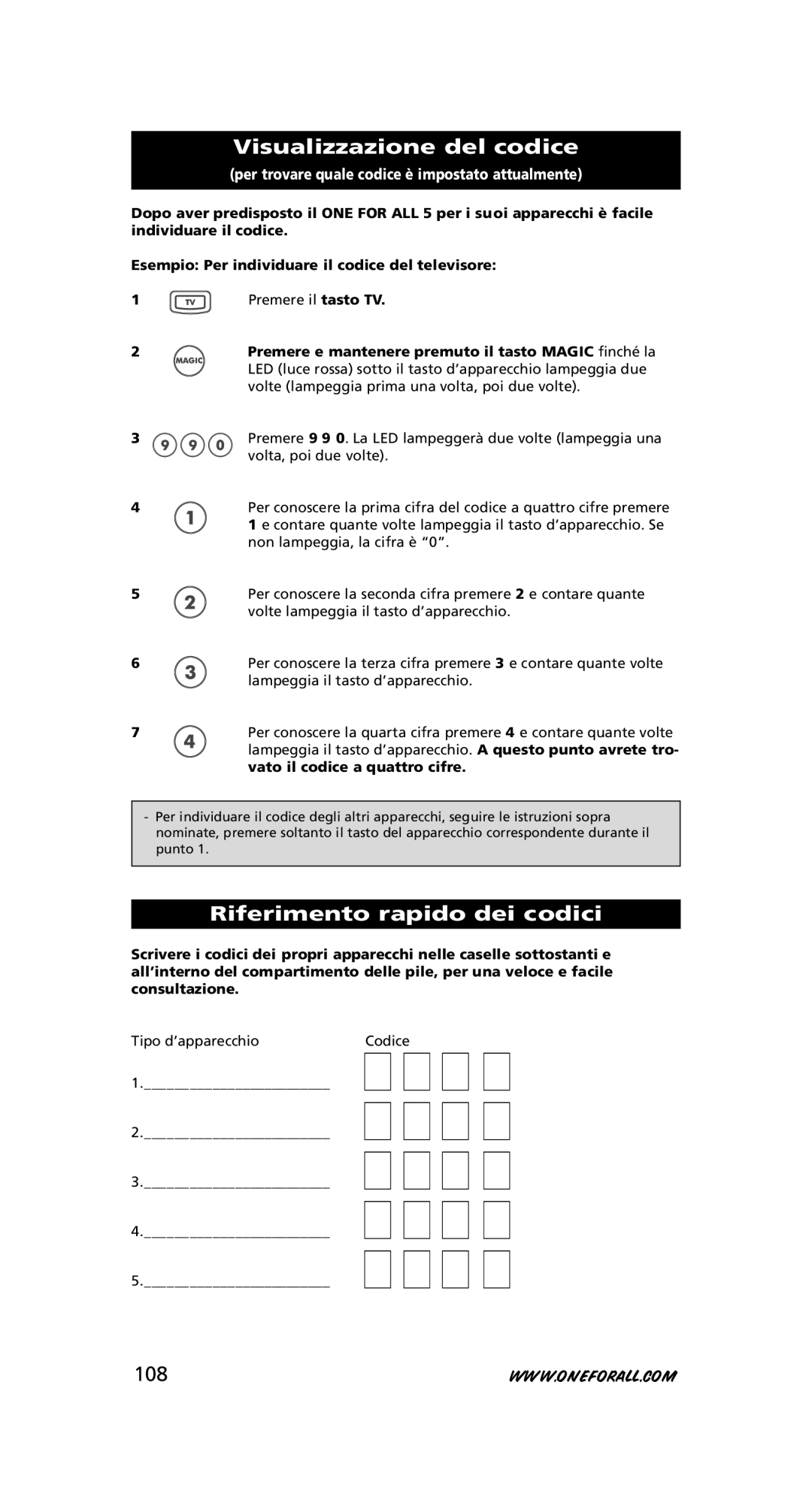 One for All URC-7556 warranty Visualizzazione del codice, Riferimento rapido dei codici, 108 