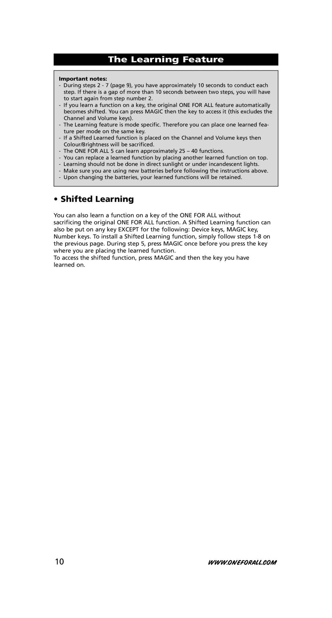 One for All URC-7556 warranty Shifted Learning, Important notes 