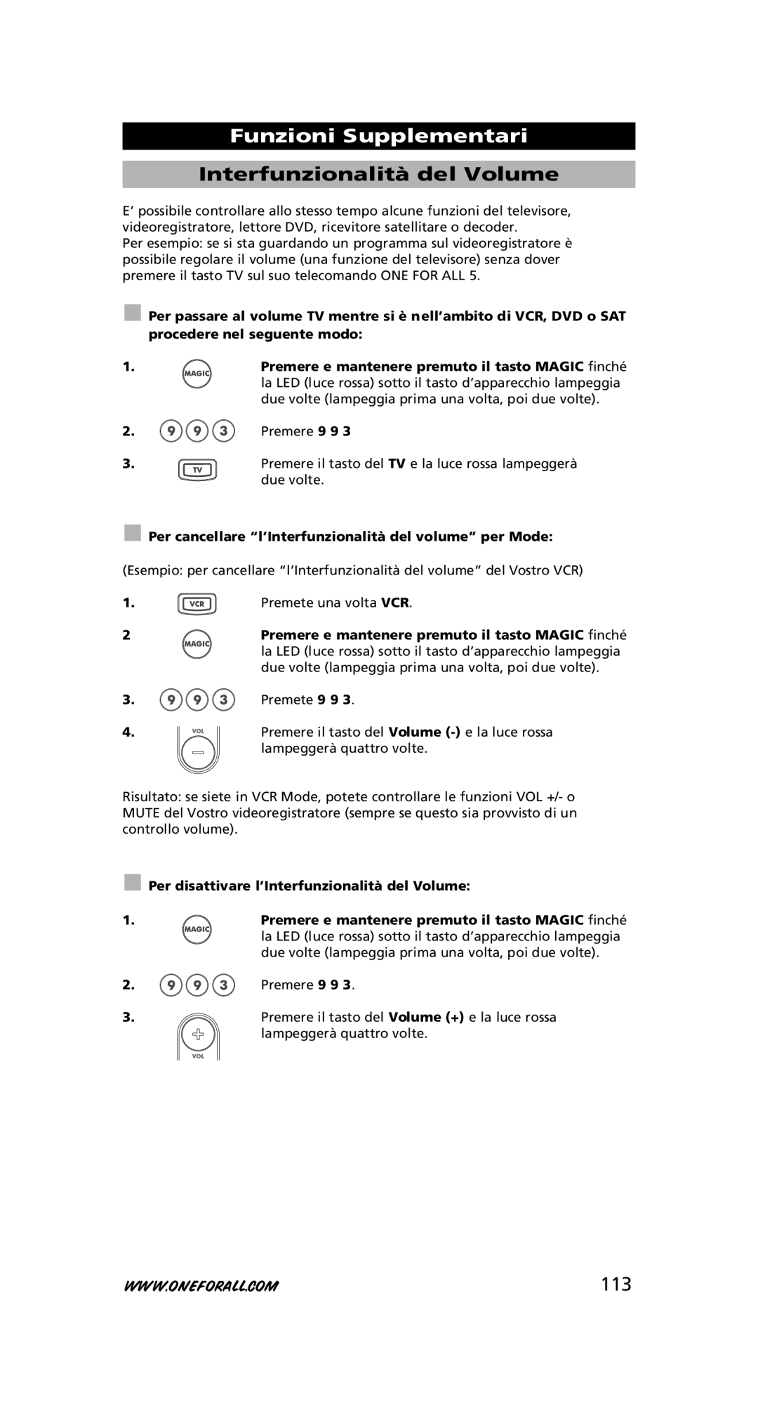 One for All URC-7556 warranty Interfunzionalità del Volume, 113, Per cancellare l’Interfunzionalità del volume per Mode 