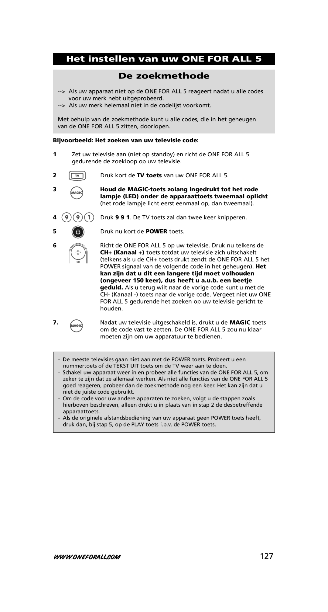 One for All URC-7556 warranty De zoekmethode, 127, Bijvoorbeeld Het zoeken van uw televisie code 