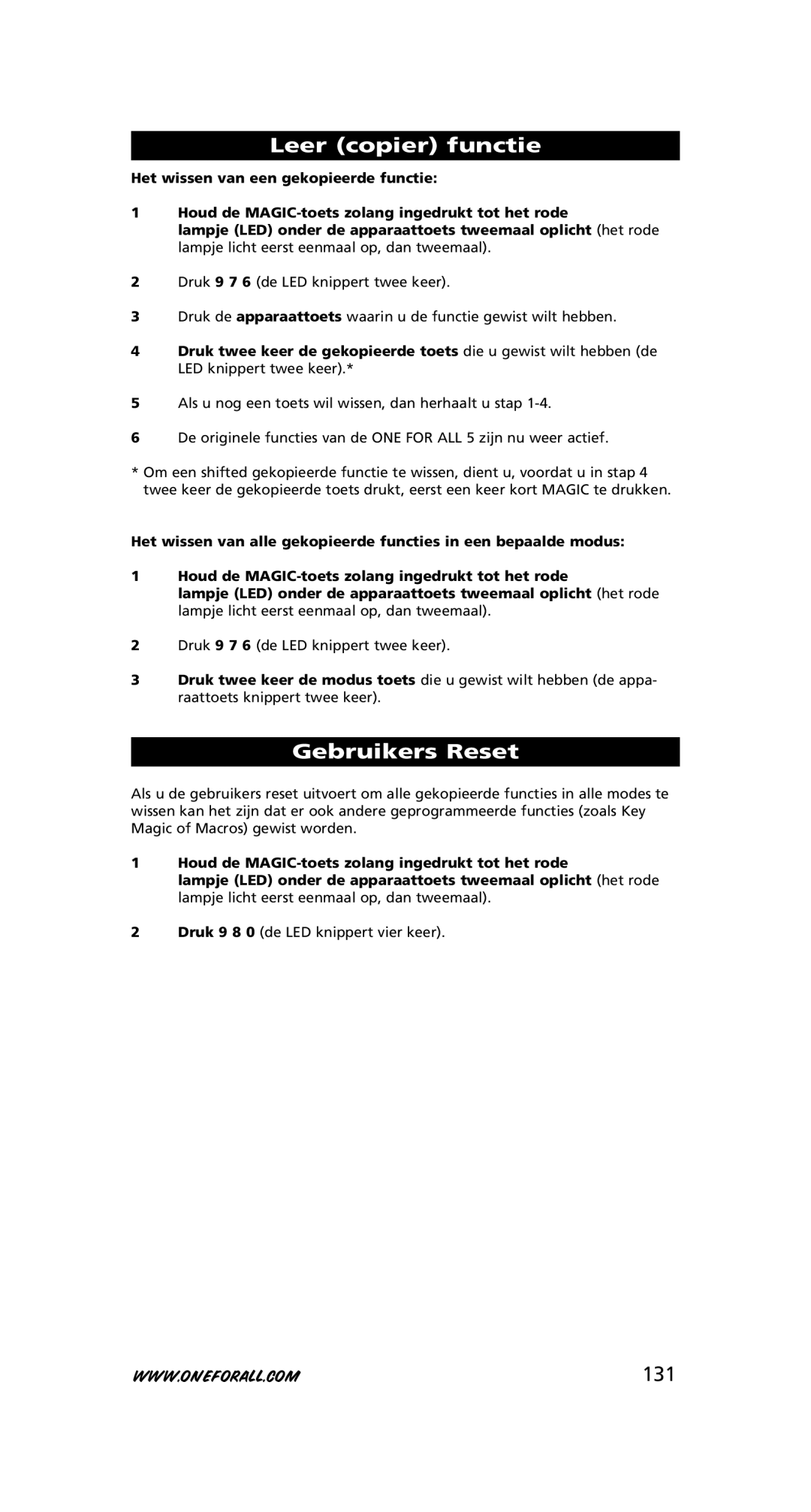 One for All URC-7556 warranty Gebruikers Reset, 131 