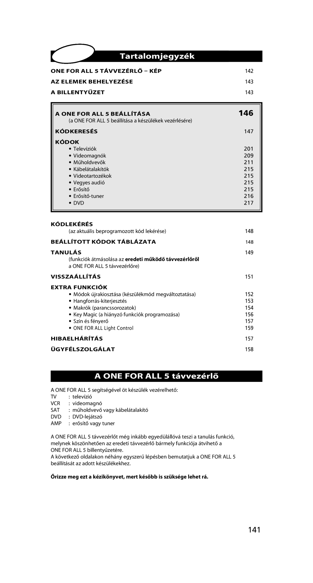 One for All URC-7556 warranty Tartalomjegyzék, 146, ONE for ALL 5 távvezérlő, 141 