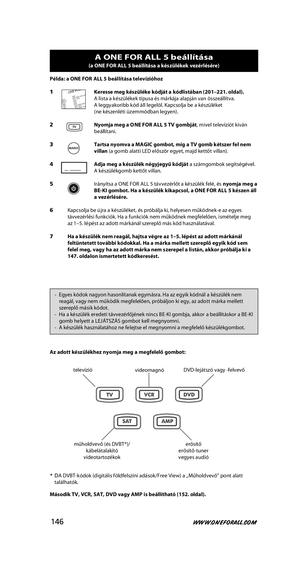 One for All URC-7556 ONE for ALL 5 beállítása, Keresse meg készüléke kódját a kódlistában 201-221. oldal, Vezérlésére 