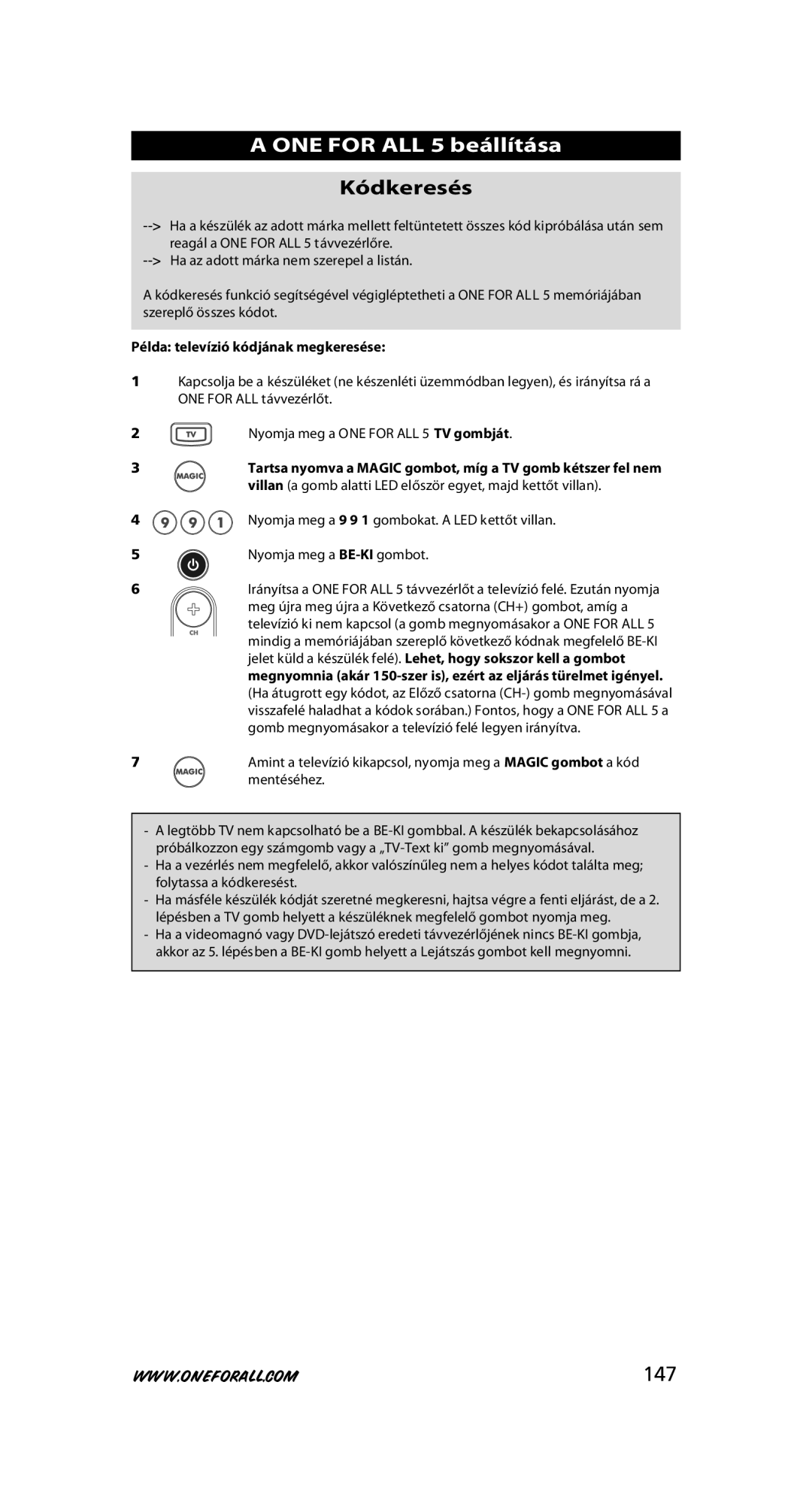 One for All URC-7556 warranty Kódkeresés, 147, Példa televízió kódjának megkeresése 