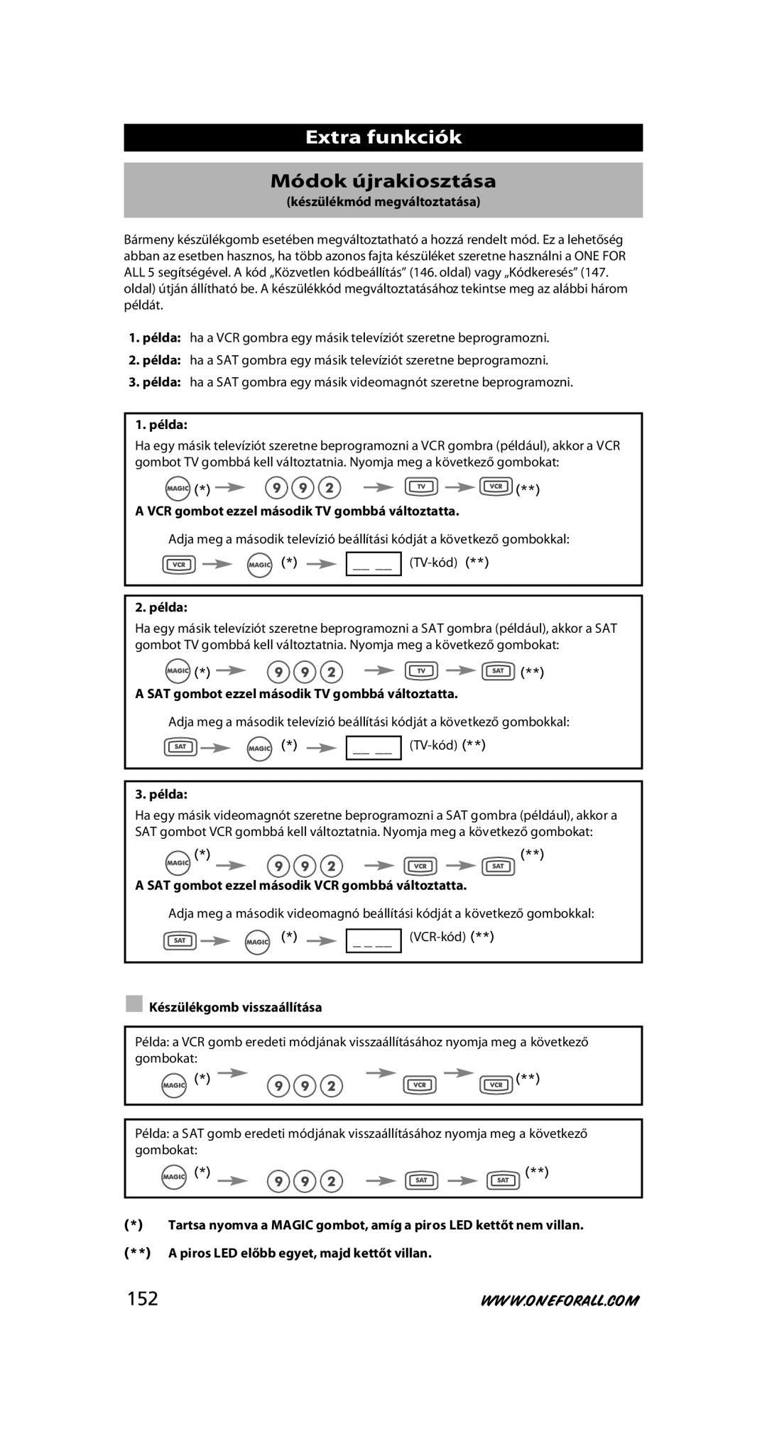 One for All URC-7556 warranty Extra funkciók, Módok újrakiosztása, 152 