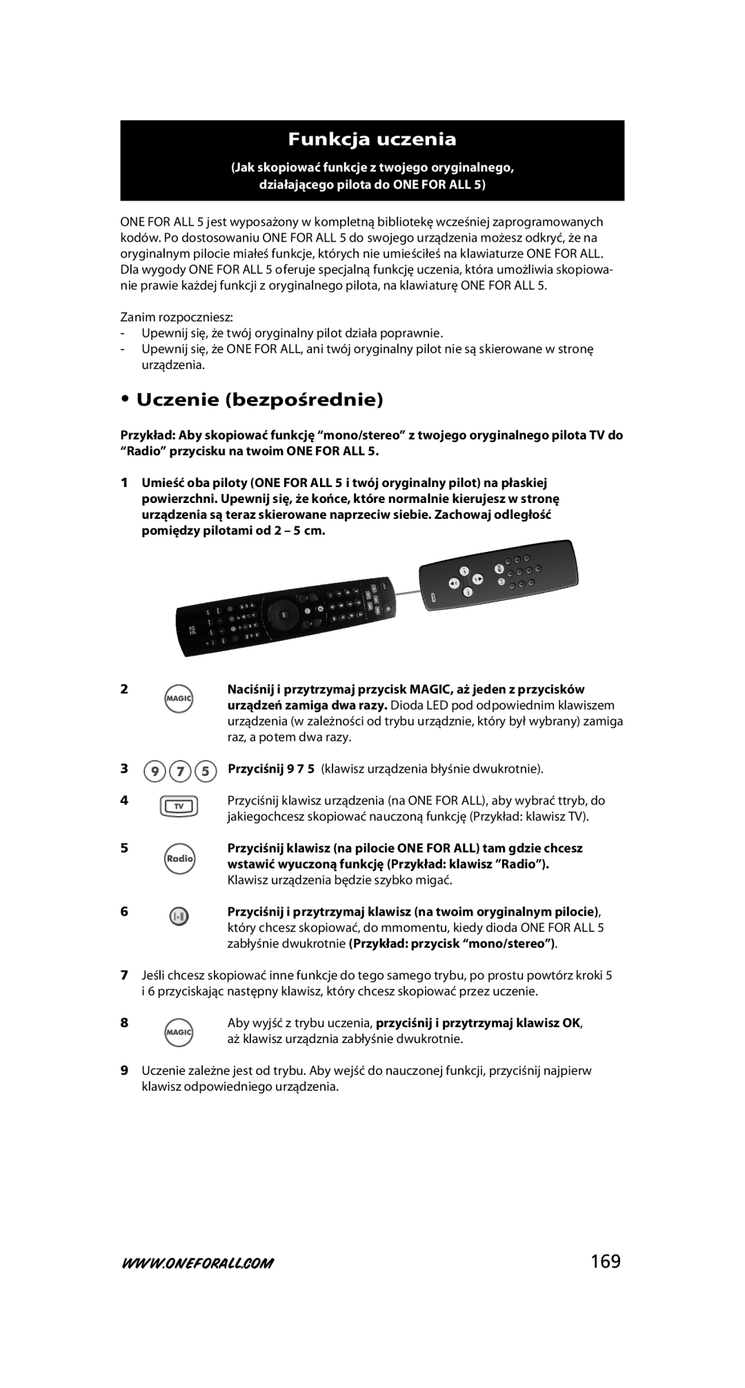 One for All URC-7556 warranty Funkcja uczenia, Uczenie bezpośrednie, 169 