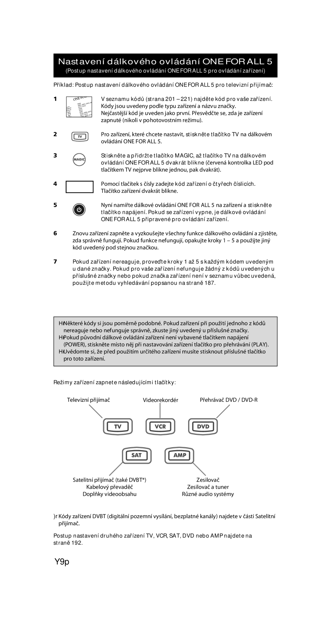 One for All URC-7556 Nastavení dálkového ovládání ONE for ALL, Seznamu kódů strana 201 221 najděte kód pro vaše zařízení 