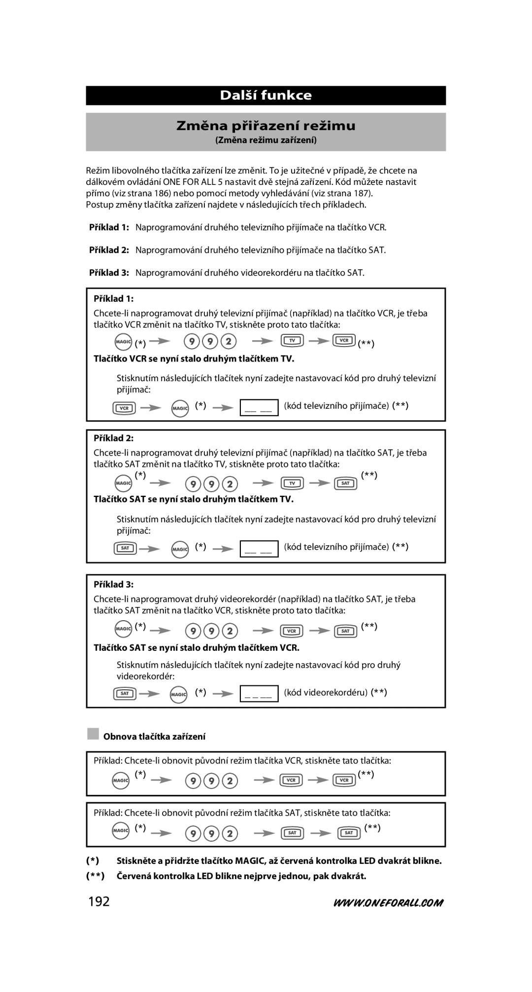 One for All URC-7556 warranty Další funkce, Změna přiřazení režimu, 192 