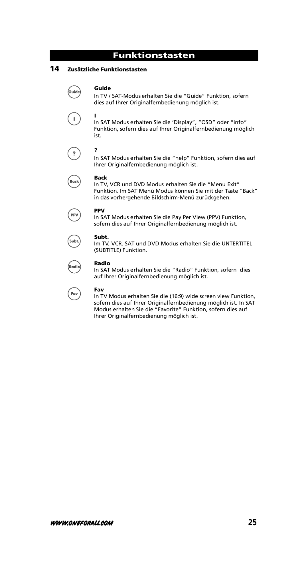 One for All URC-7556 warranty 14 Zusätzliche Funktionstasten Guide, Back 