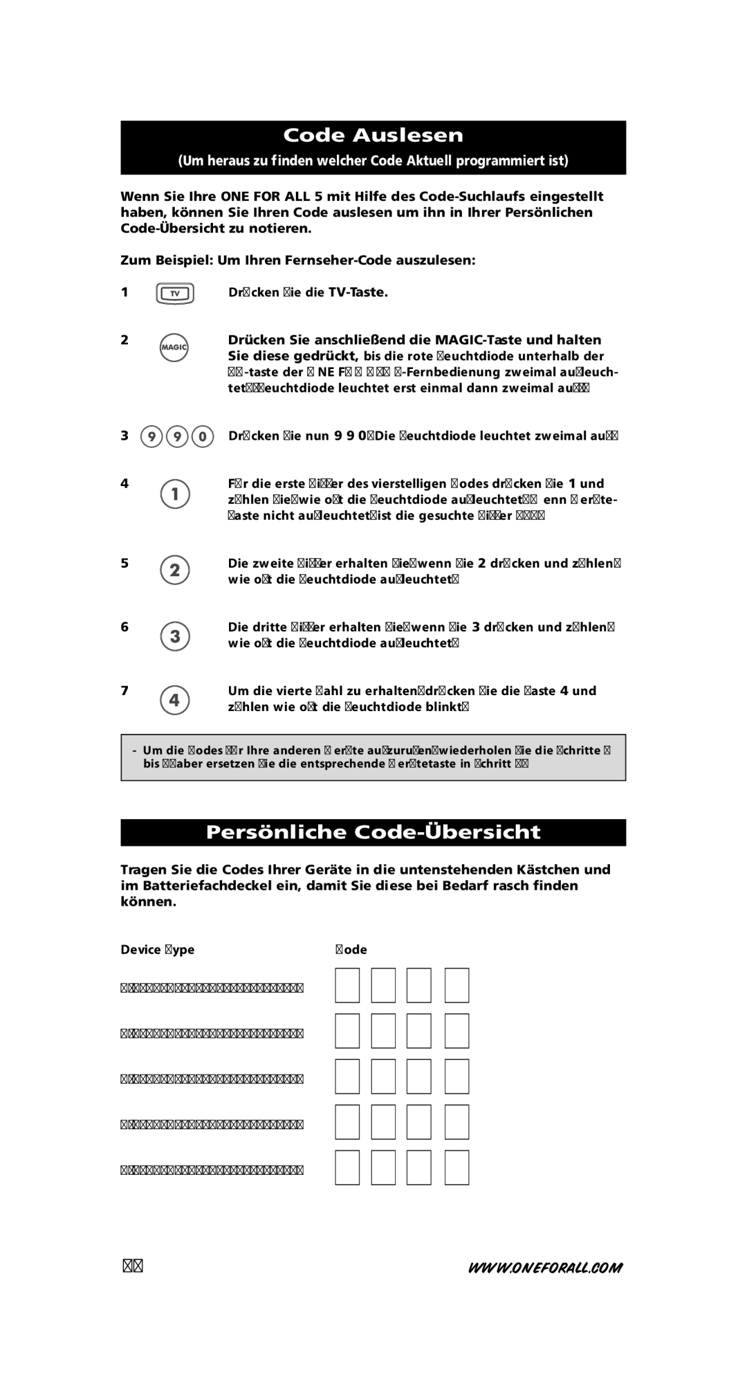 One for All URC-7556 warranty Code Auslesen, Persönliche Code-Übersicht 