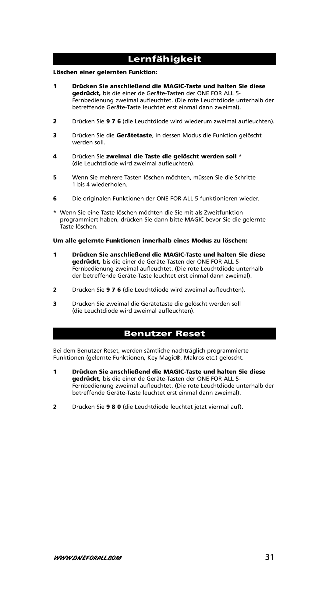 One for All URC-7556 warranty Benutzer Reset 