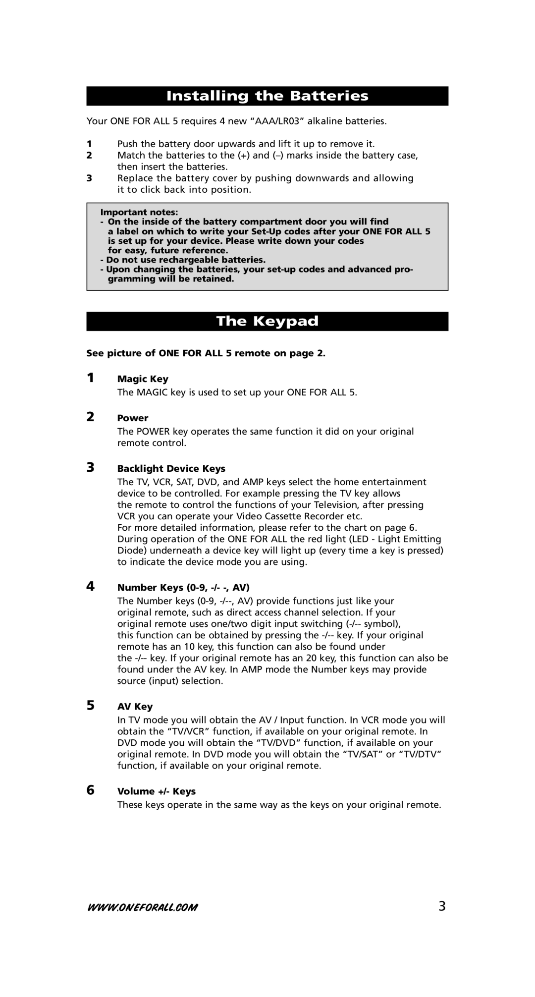 One for All URC-7556 warranty Installing the Batteries, Keypad 