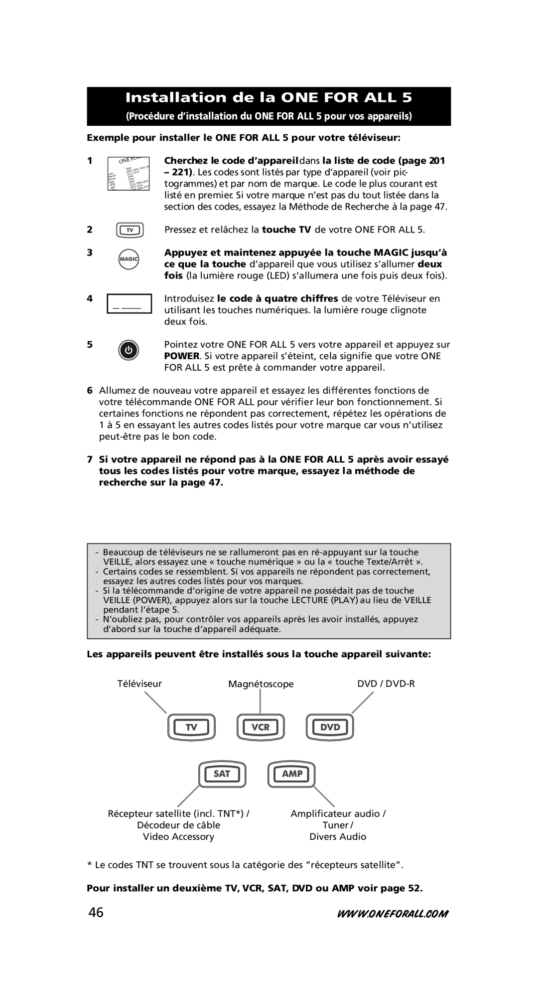 One for All URC-7556 warranty Installation de la ONE for ALL, Cherchez le code d’appareildans la liste de code 