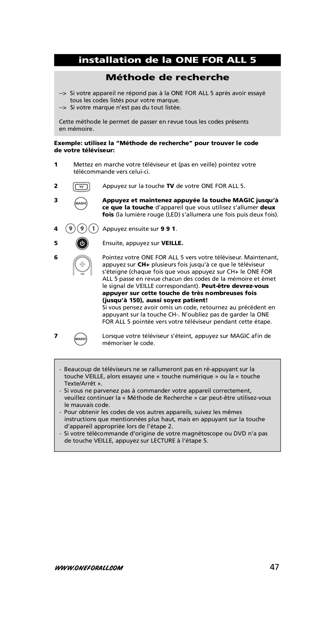 One for All URC-7556 warranty Méthode de recherche 