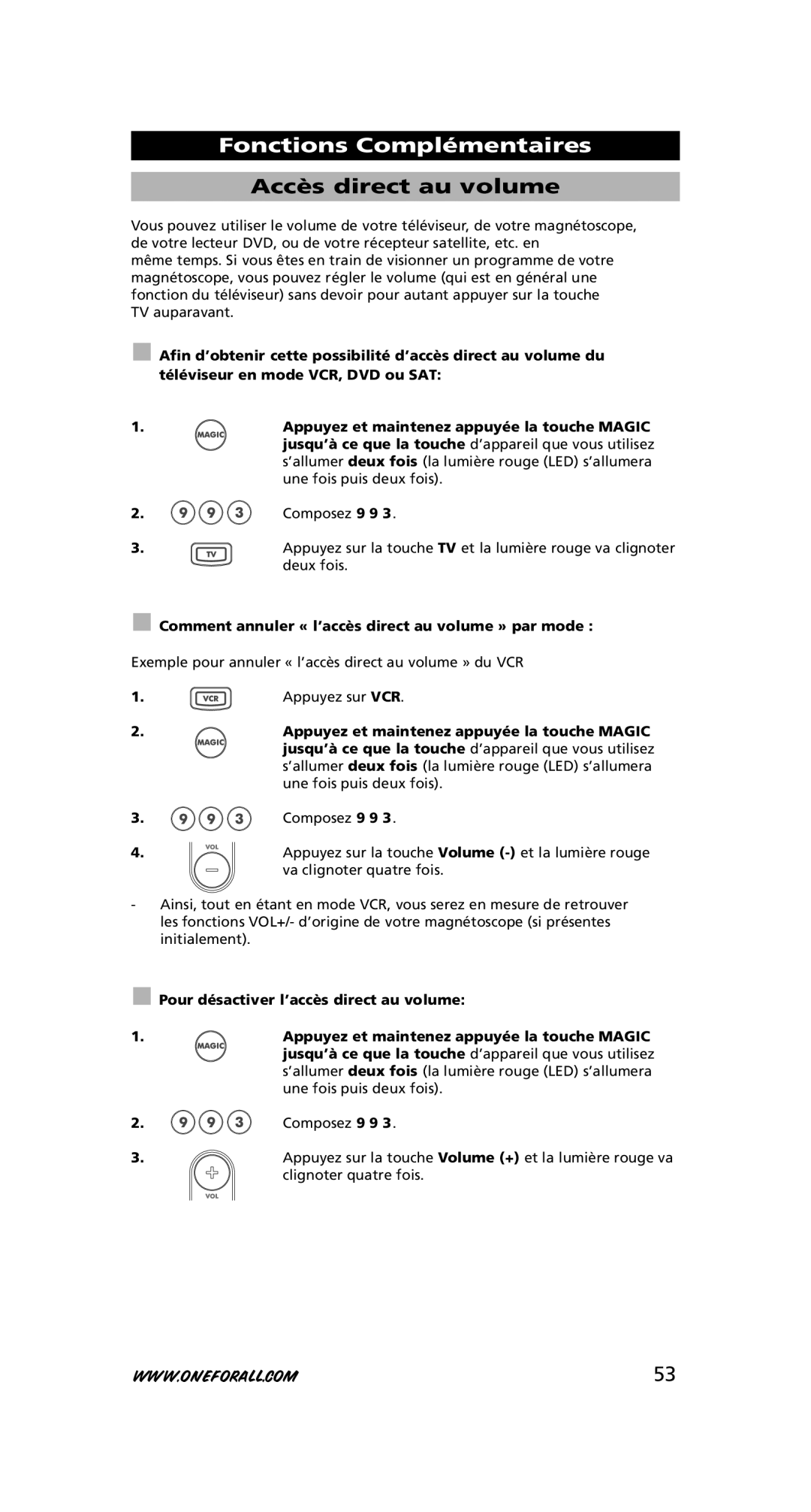 One for All URC-7556 warranty Accès direct au volume, Comment annuler « l’accès direct au volume » par mode 