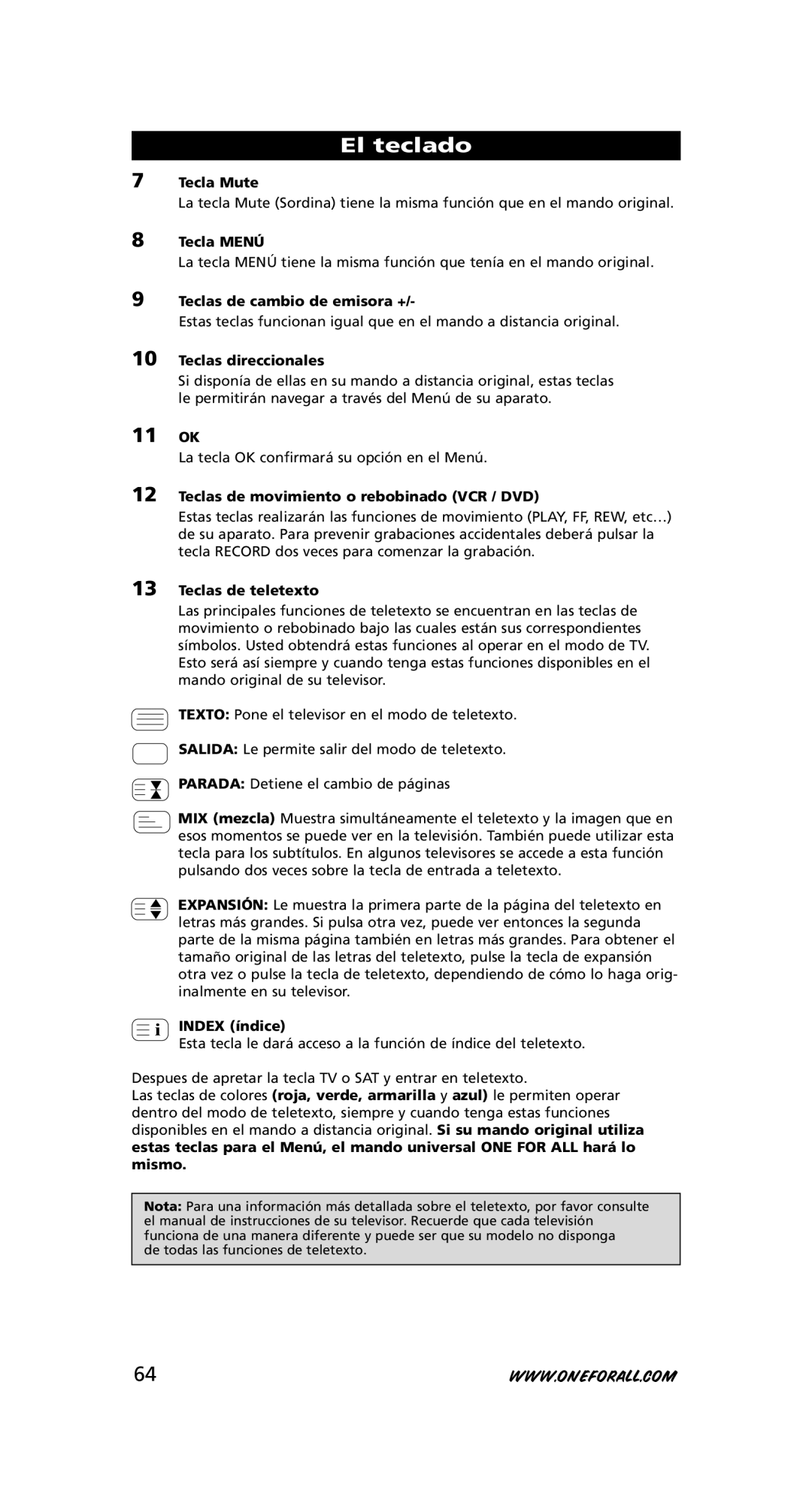 One for All URC-7556 Tecla Mute, Tecla Menú, Teclas de cambio de emisora +, Teclas direccionales, Teclas de teletexto 