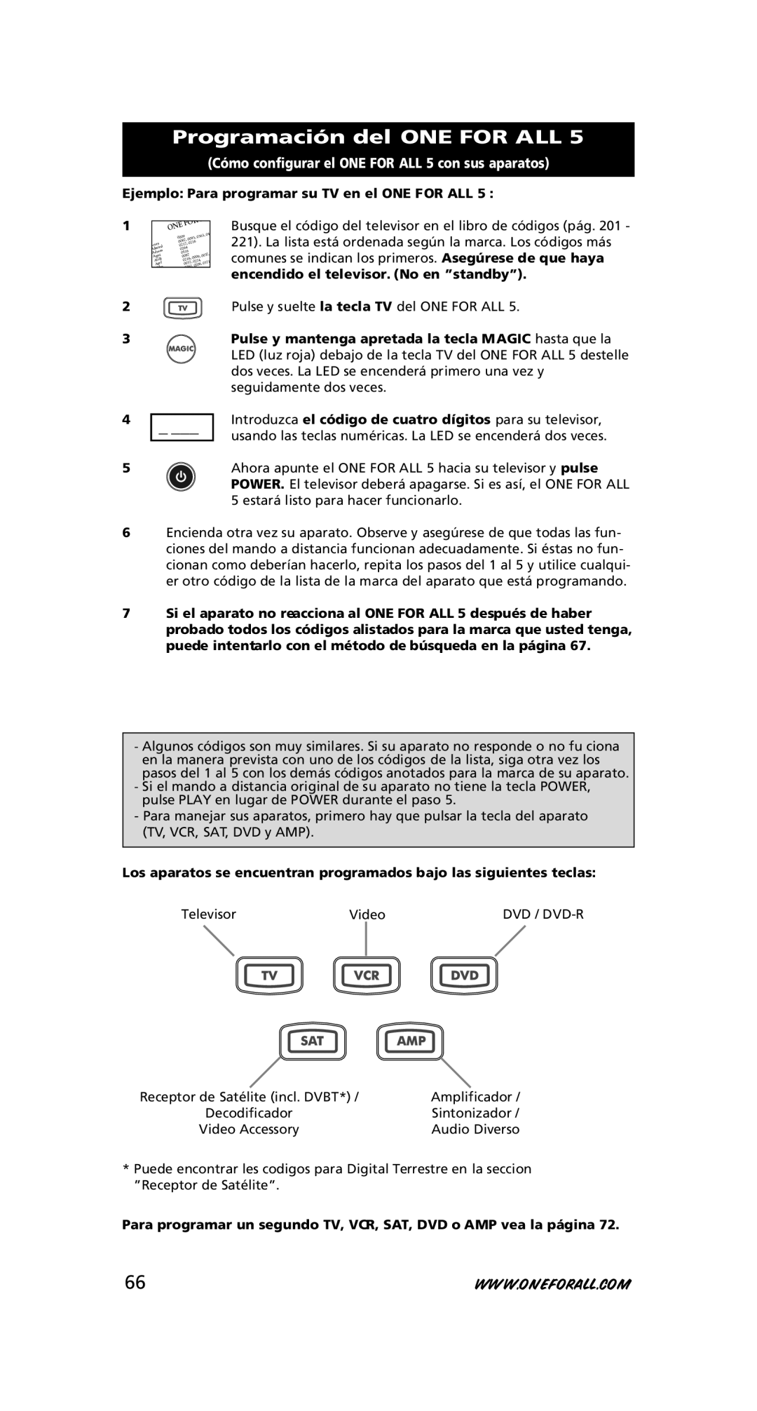 One for All URC-7556 warranty Programación del ONE for ALL, Ejemplo Para programar su TV en el ONE for ALL 