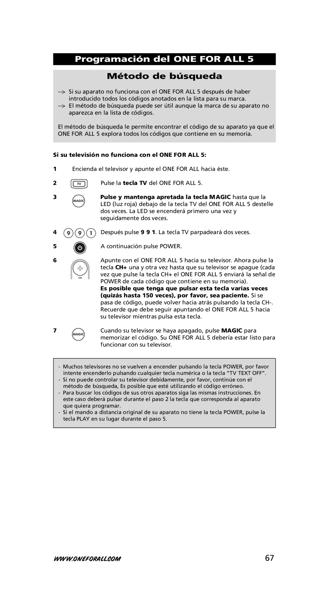 One for All URC-7556 warranty Método de búsqueda, Si su televisión no funciona con el ONE for ALL 