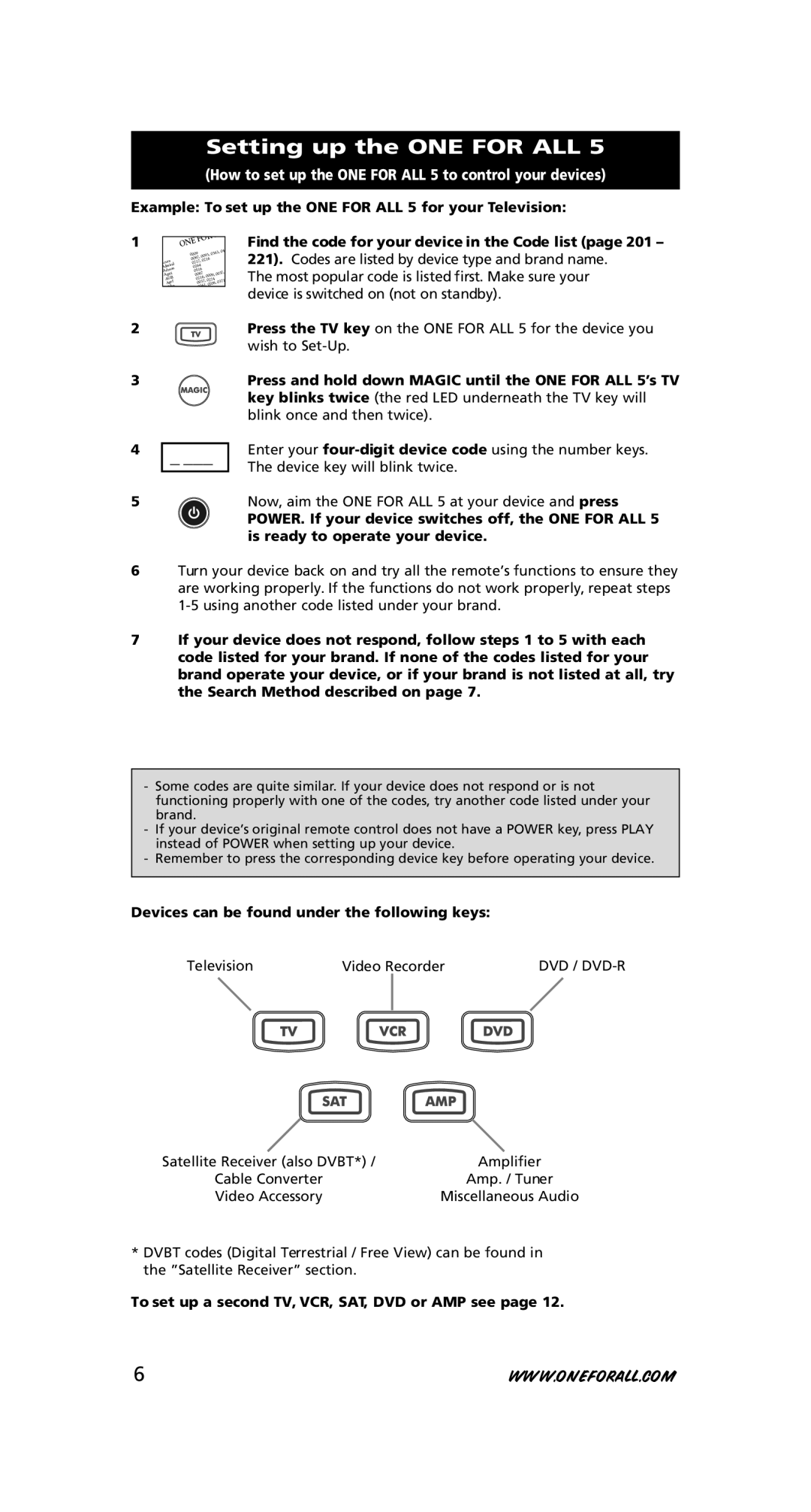 One for All URC-7556 Setting up the ONE for ALL, Example To set up the ONE for ALL 5 for your Television, Dvd / Dvd-R 