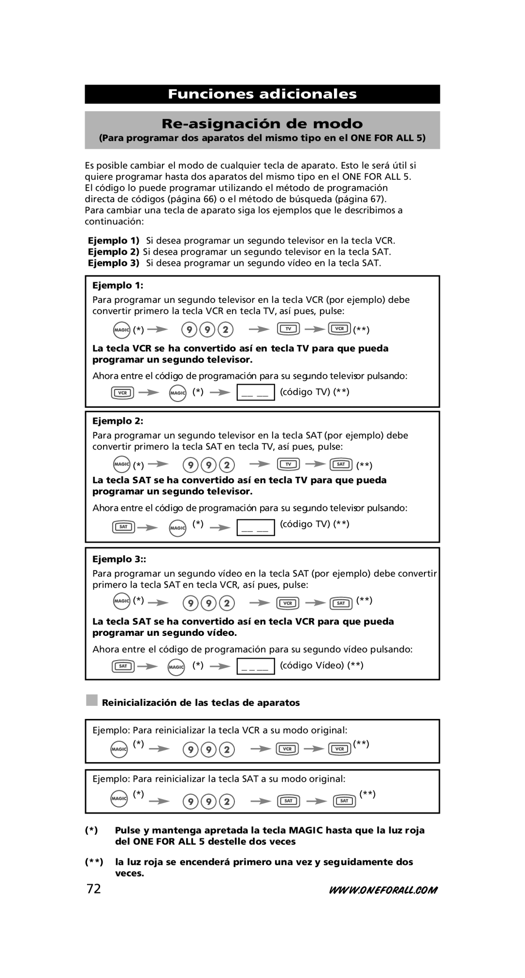 One for All URC-7556 Funciones adicionales, Re-asignación de modo, Ejemplo, Reinicialización de las teclas de aparatos 
